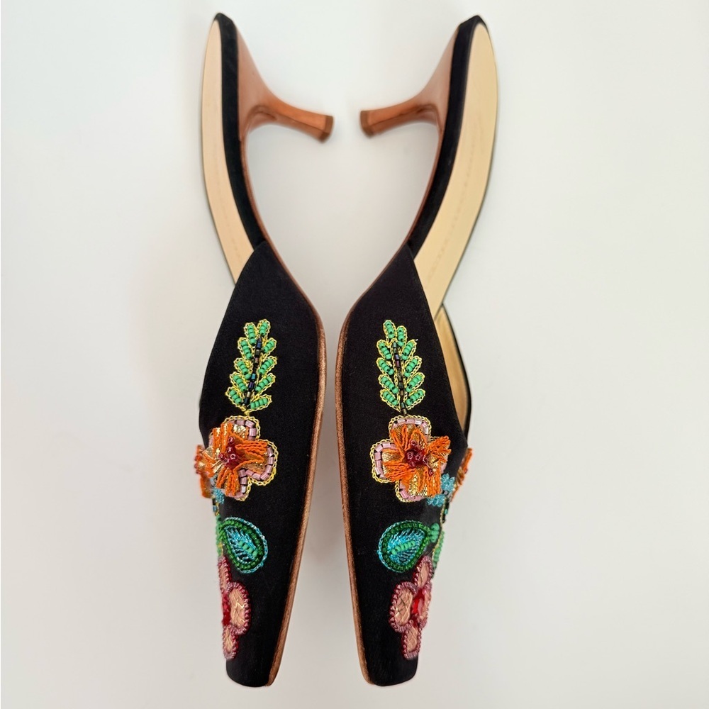 Giuseppe Zanotti Vintage Black Multicolor Satin Floral beaded mules heels EU 37 - Picture 4 of 7